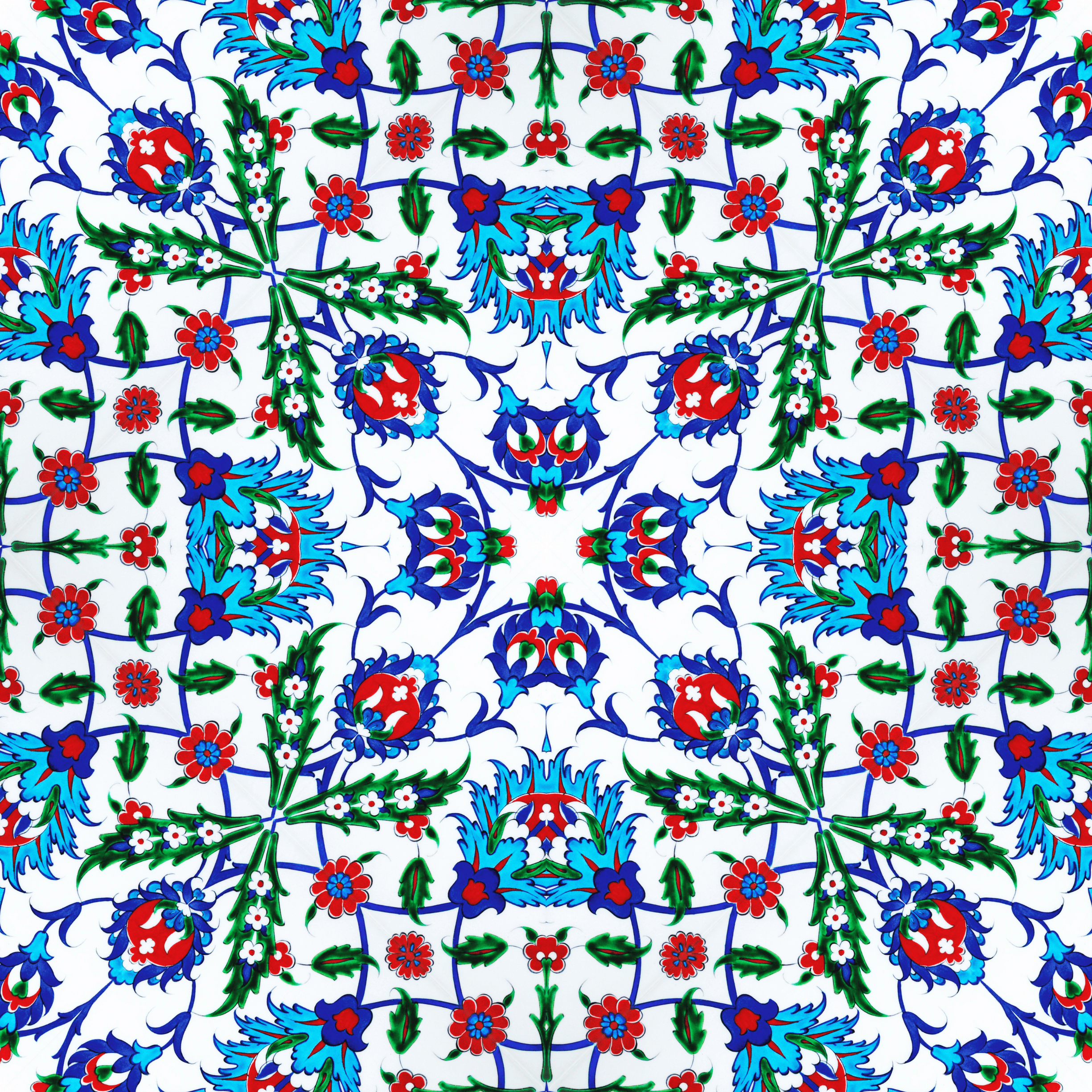 Symmetrical Iznik pomegranate and floral repeat pattern in blue, red and green